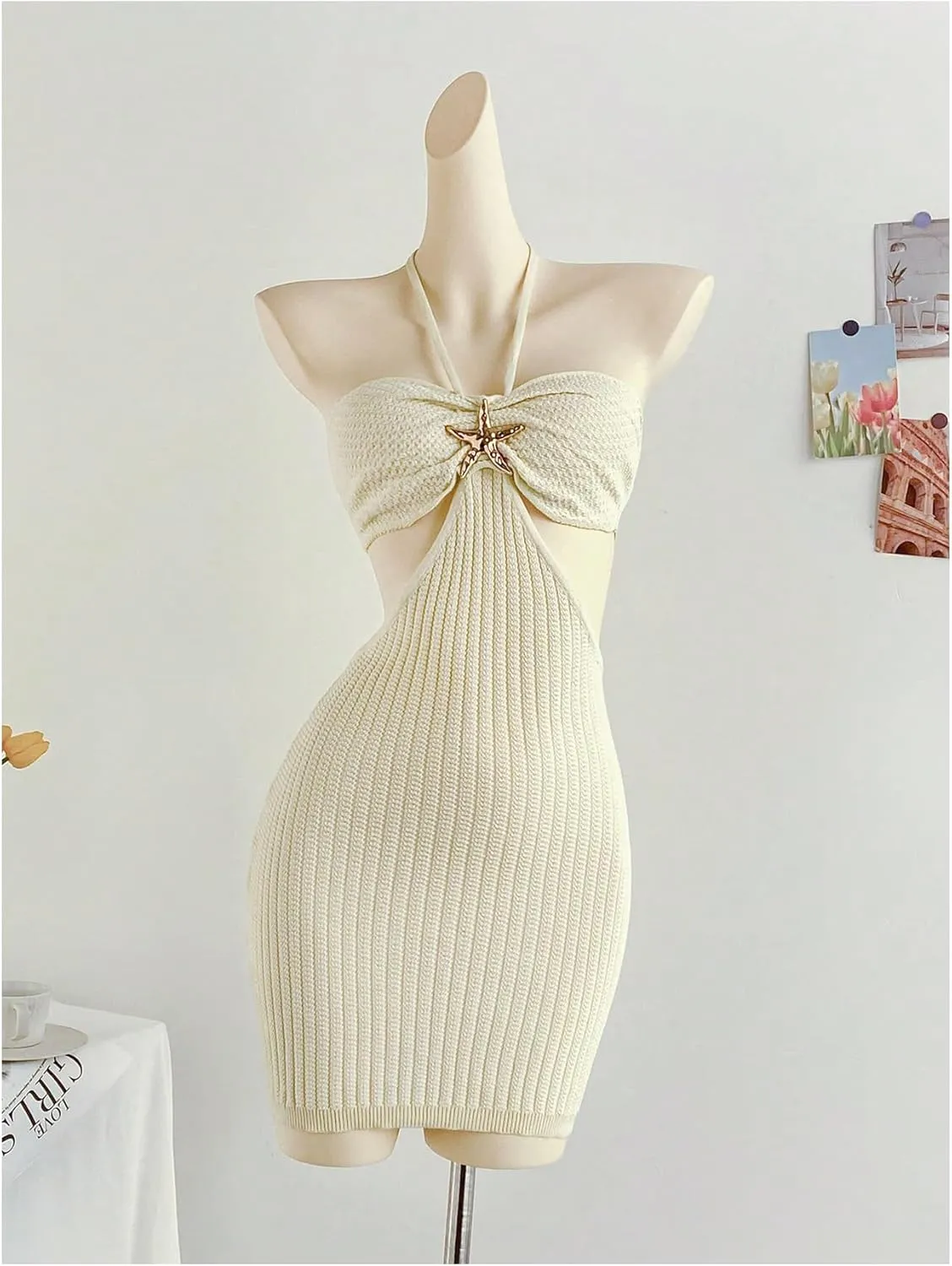 SHENHE Women's Cut Out Backless Tie Halter Neck Knitted Bodycon Sexy Beach Mini Dress