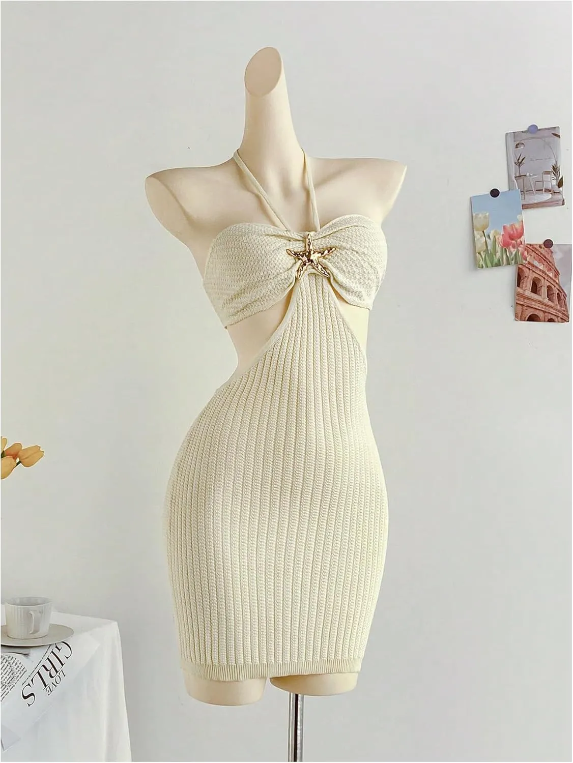 SHENHE Women's Cut Out Backless Tie Halter Neck Knitted Bodycon Sexy Beach Mini Dress
