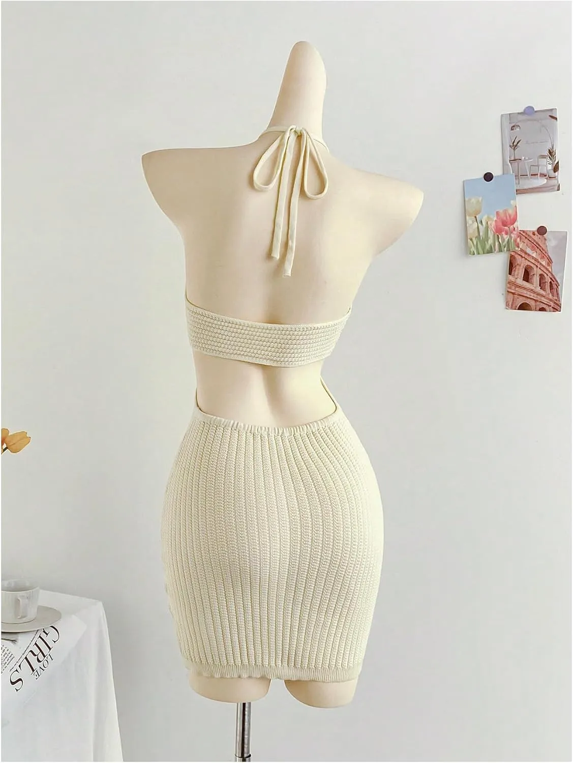 SHENHE Women's Cut Out Backless Tie Halter Neck Knitted Bodycon Sexy Beach Mini Dress