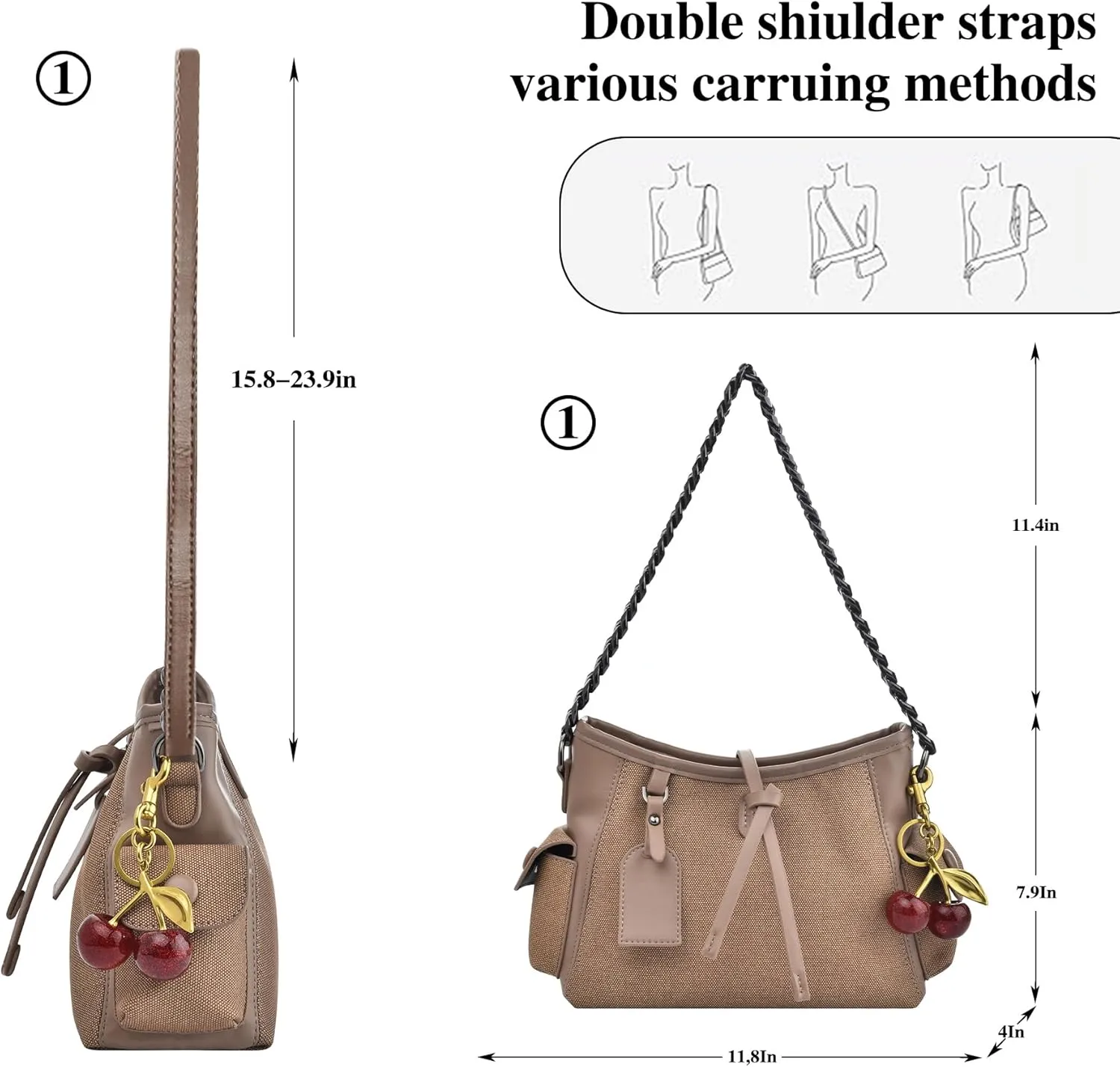 Shoulder Bags Purses for Women, Hobo Tote Crossbody Bag Wallet Women with 2 Removable Strap 1 Cherry Keychain
