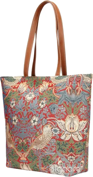 Signare Tapestry Shoulder Bag Tote Bag for Women with Red Flower and Bird William Morris Strawberry Thief Design (SHOU-STRD)
