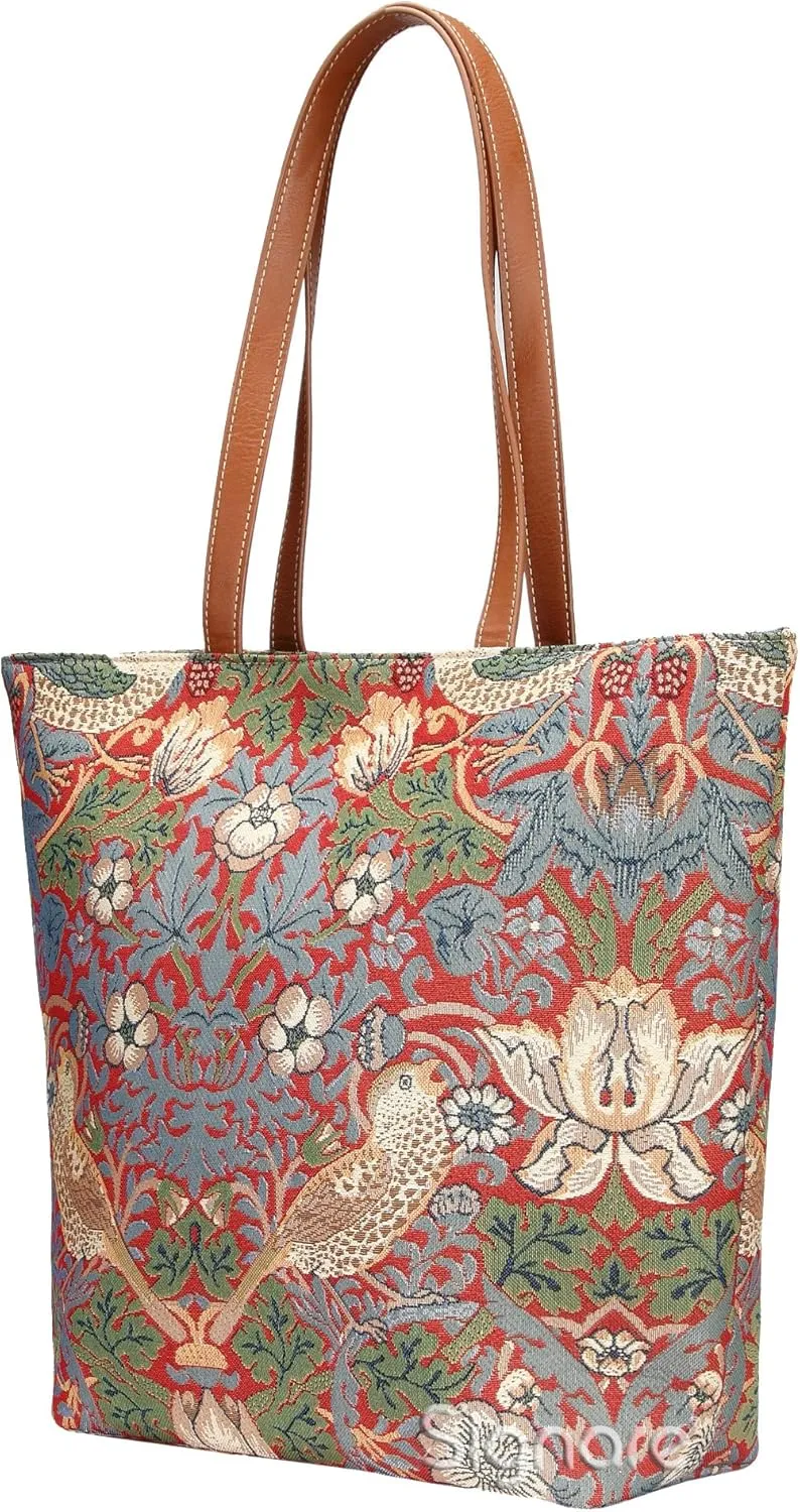Signare Tapestry Shoulder Bag Tote Bag for Women with Red Flower and Bird William Morris Strawberry Thief Design (SHOU-STRD)