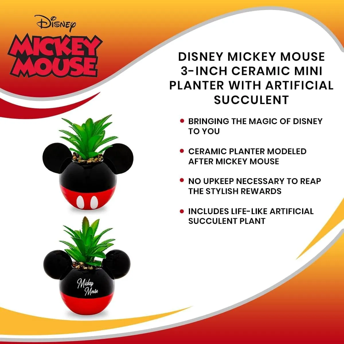 Silver Buffalo Disney Mickey Mouse 3-Inch Ceramic Mini Planter with Artificial Succulent | Small Flower Pot, Faux Indoor Plants for Desk Shelf, Home Decor Trinket Tray and Collectibles