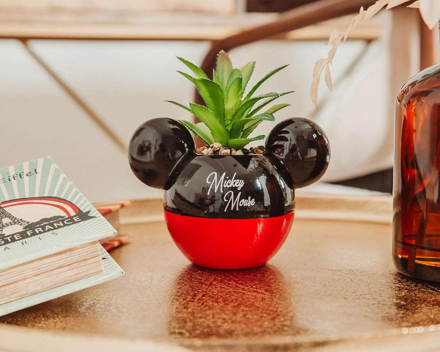 Silver Buffalo Disney Mickey Mouse 3-Inch Ceramic Mini Planter with Artificial Succulent | Small Flower Pot, Faux Indoor Plants for Desk Shelf, Home Decor Trinket Tray and Collectibles