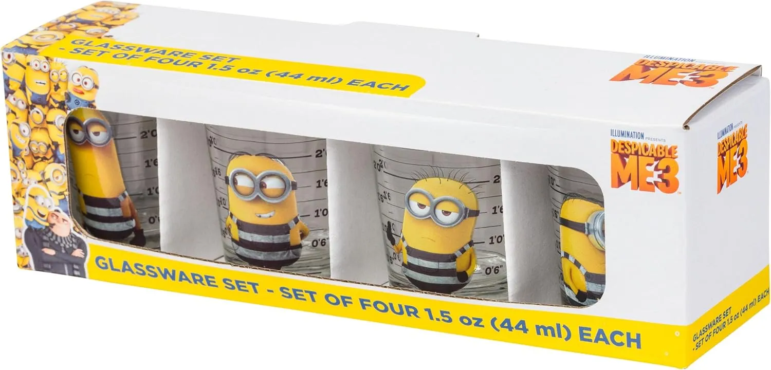 Silver Buffalo Minions Despicable Me Mug Shot Featuring Bob, Stuart, Tim, and Dave 4 Pack Mini Glass Set, 1.5 Ounces