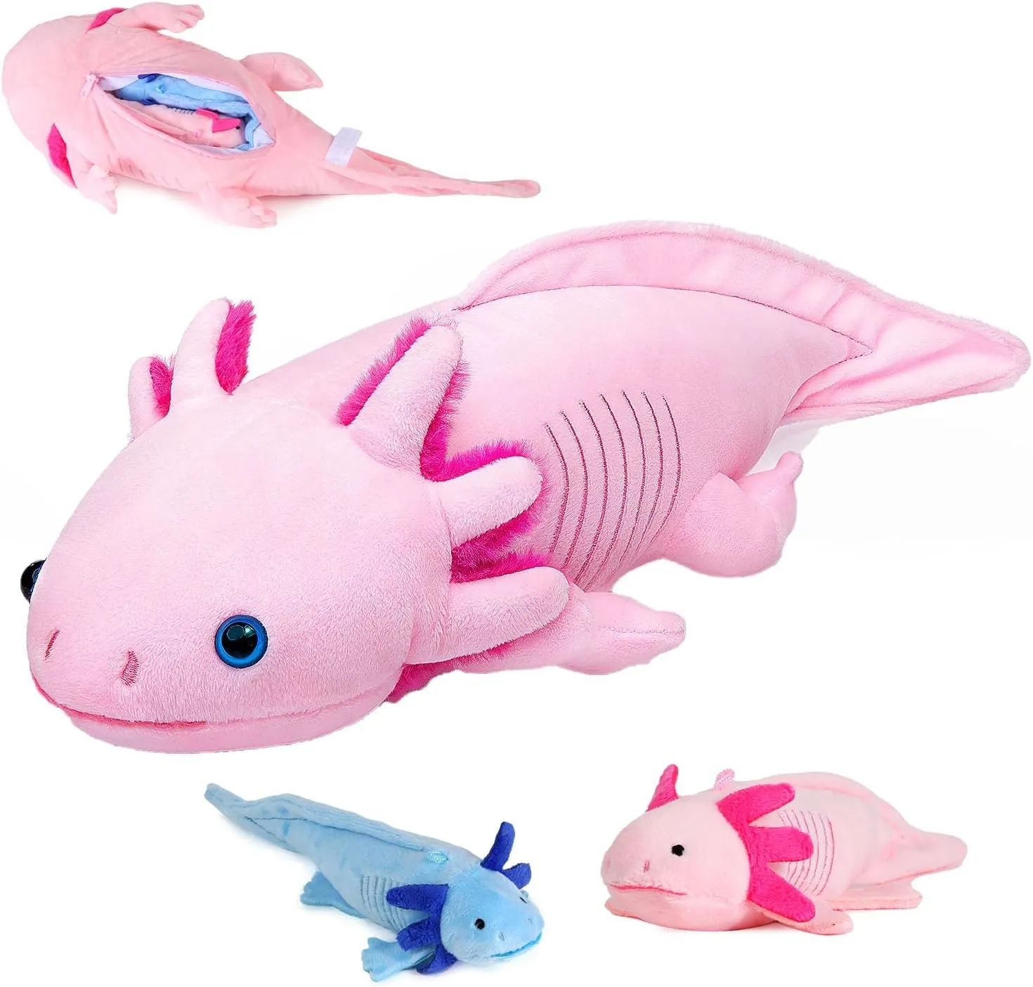 Simulation Pink Axolotl Plush Toy, Cute and Soft Zippered Blue Axolotl Set Stuffed Animal Plush Toys for Kids Boys and Girls Gifts, Room Decor