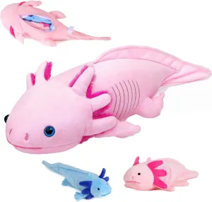 Simulation Pink Axolotl Plush Toy, Cute and Soft Zippered Blue Axolotl Set Stuffed Animal Plush Toys for Kids Boys and Girls Gifts, Room Decor
