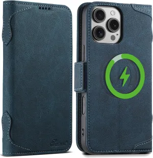 SINIANL iPhone 16 Pro Max Wallet Case - MagSafe Compatible, Leather Folio Cover with Card Slots and Kickstand - Blue