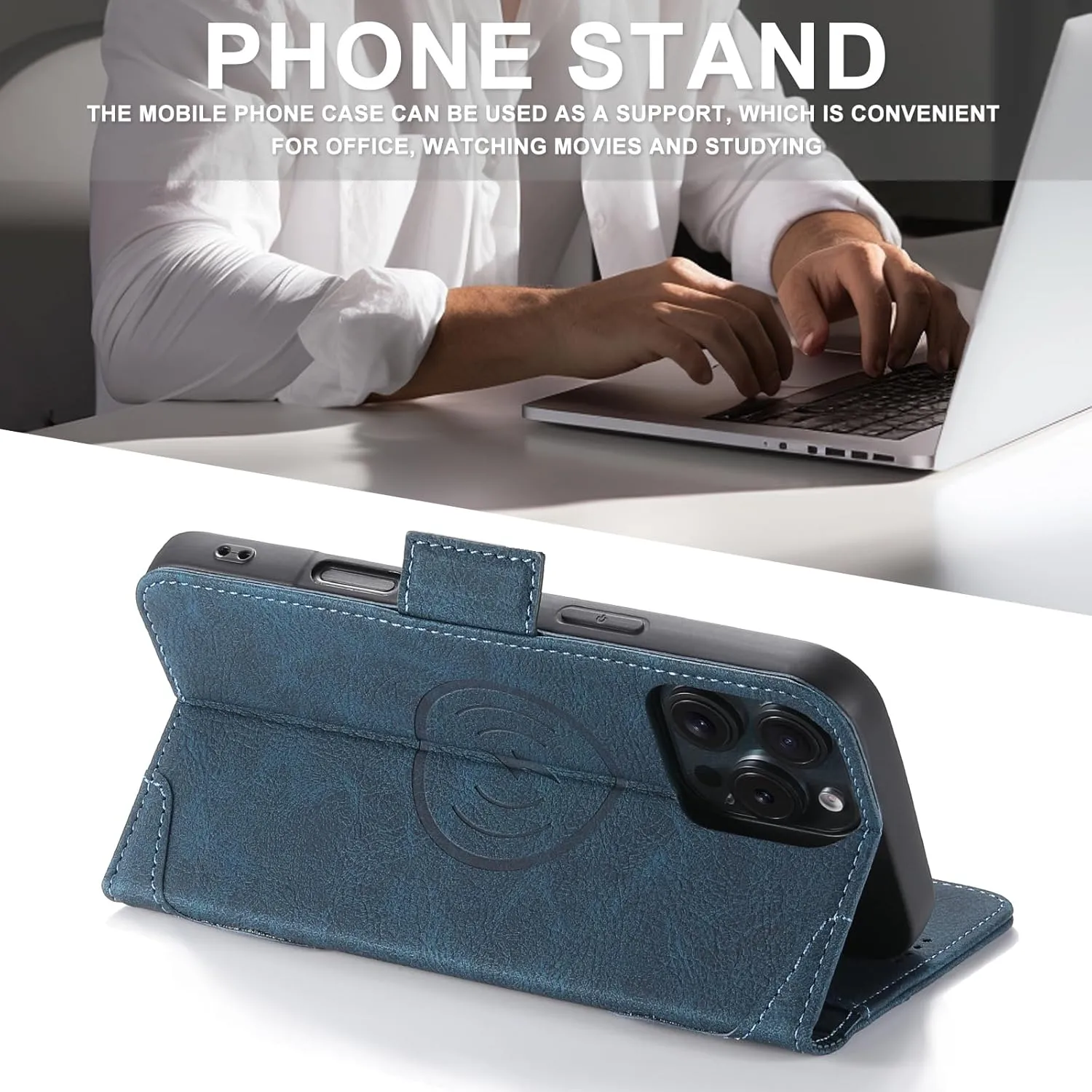 SINIANL iPhone 16 Pro Max Wallet Case - MagSafe Compatible, Leather Folio Cover with Card Slots and Kickstand - Blue