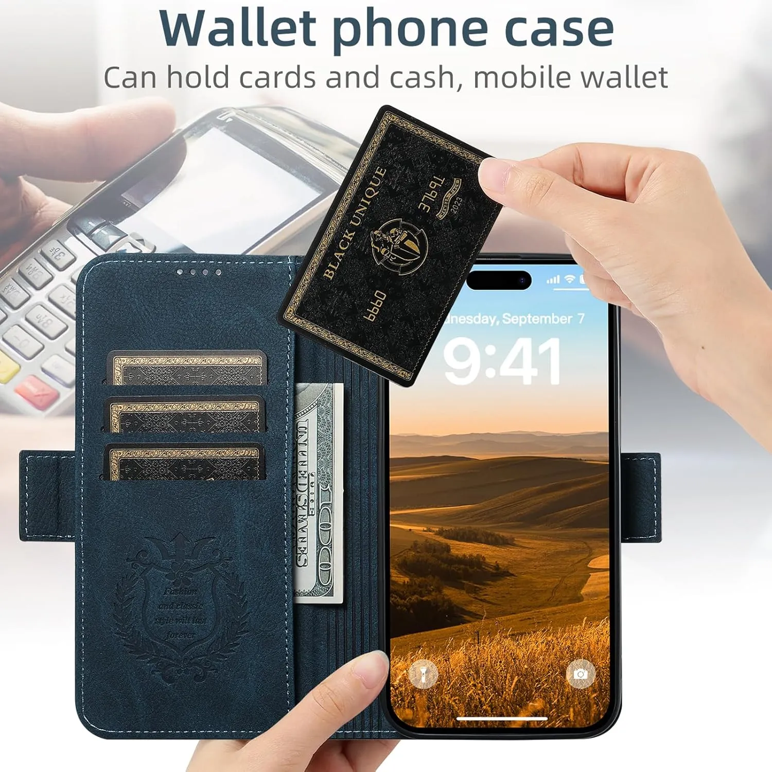 SINIANL iPhone 16 Pro Max Wallet Case - MagSafe Compatible, Leather Folio Cover with Card Slots and Kickstand - Blue
