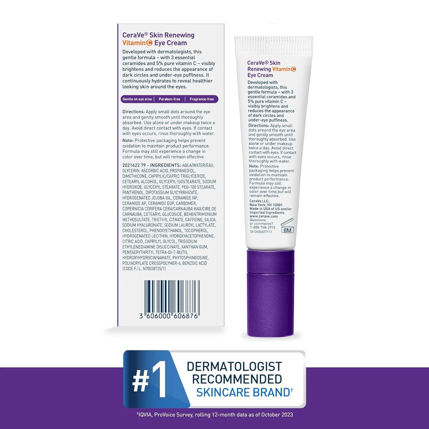 Skin Renewing Vitamin C Eye Cream, Vitamin C, Hyaluronic Acid, Ceramides & Caffeine, under Eye Cream for Dark Circles and Puffiness, Fragrance Free & Ophthalmologist Tested, 0.5 Fl. Oz