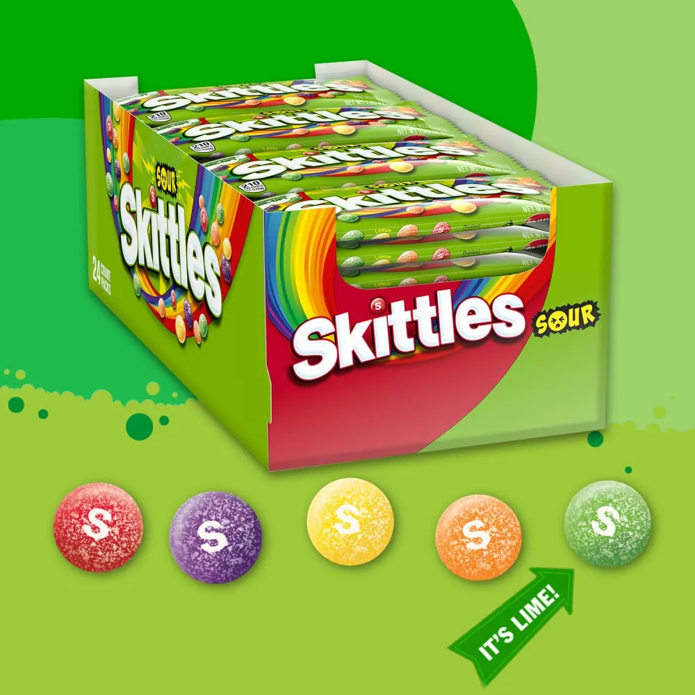 SKITTLES Sours Individually Wrapped Full Size Chewy Candy Packs, 24 Ct Bulk Box