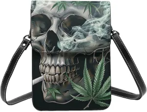 Skull Cannabis Marijuana Leaf Psychedelic Hippie Weed Crossbody Cell Phone Purse For Women Teen Girls Leather Small Crossbody Bag Mini Phone Pouch Purse, 7.5x5.3 Inches