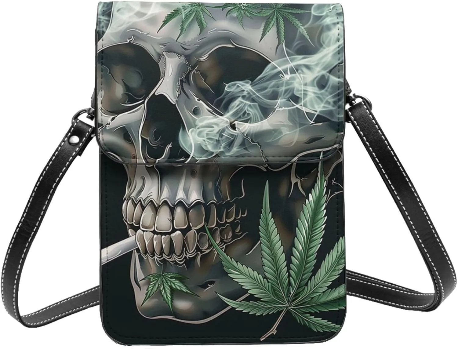 Skull Cannabis Marijuana Leaf Psychedelic Hippie Weed Crossbody Cell Phone Purse For Women Teen Girls Leather Small Crossbody Bag Mini Phone Pouch Purse, 7.5x5.3 Inches