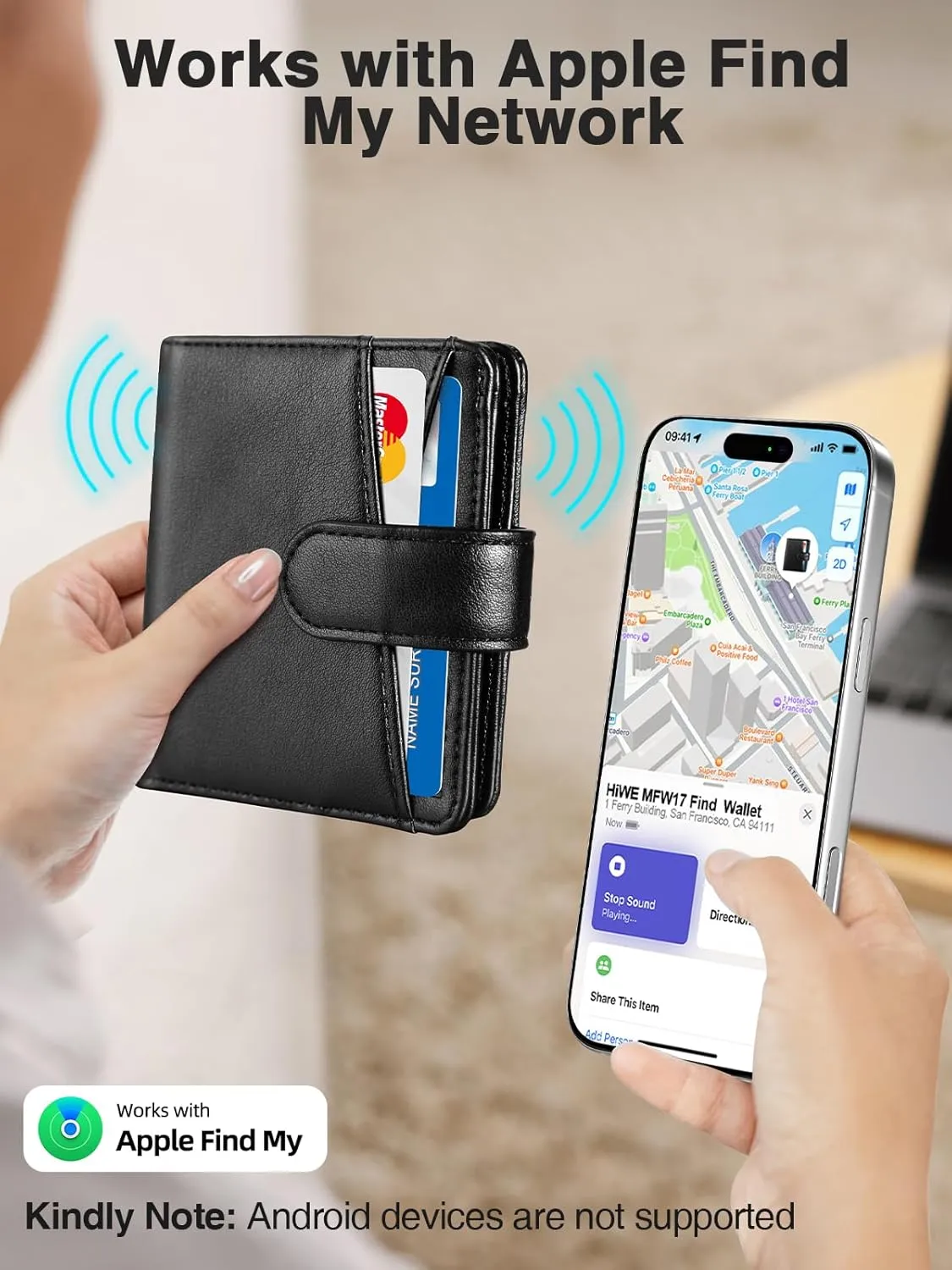 Slim Wallet for Women, Wallet Women with Smart Tracker Works with Apple Find My, RFID Blocking Bifold Credit Card Holder Genuine Leather Small Wallet for Women with ID Window, 8 Cards Holder, Black