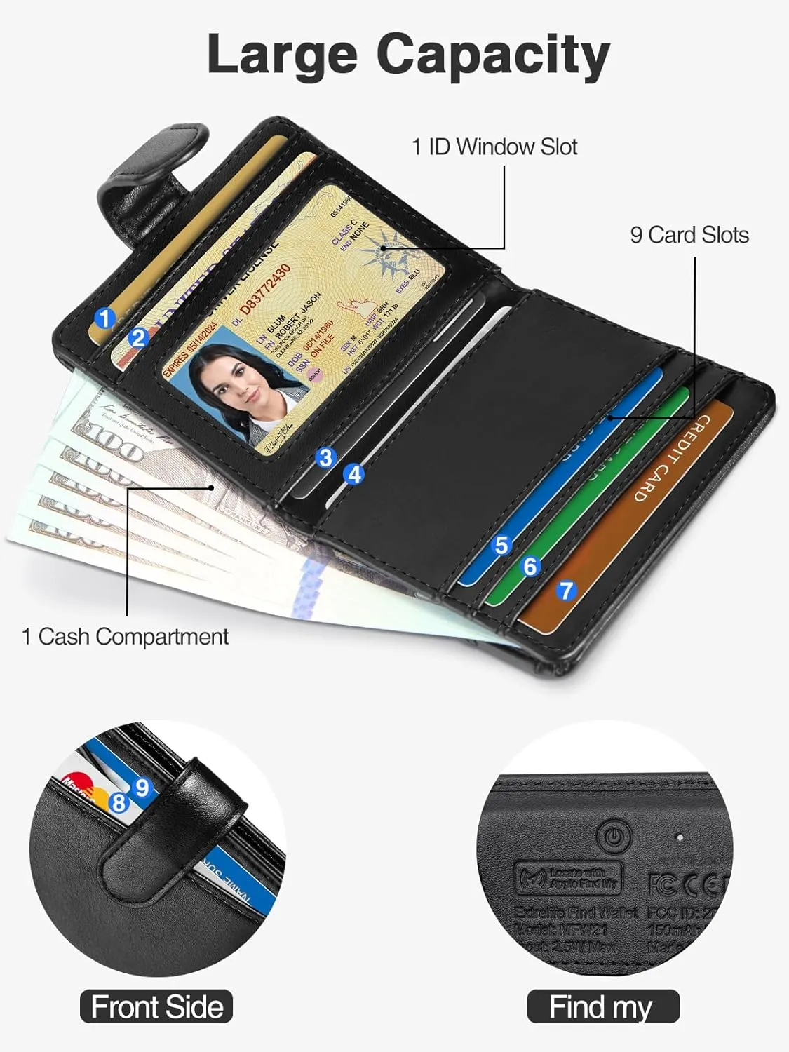 Slim Wallet for Women, Wallet Women with Smart Tracker Works with Apple Find My, RFID Blocking Bifold Credit Card Holder Genuine Leather Small Wallet for Women with ID Window, 8 Cards Holder, Black