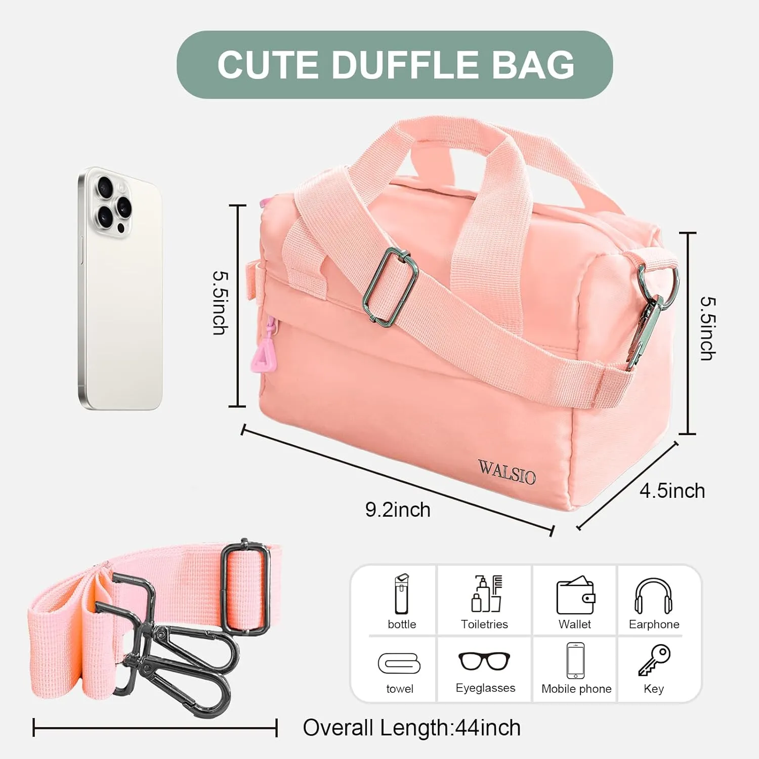 Small Gym Bag 9 inch, Mini Duffle Bag with Adjustable Strap, Lightweight Carry On Sport Bag for Women Girls (Pink)