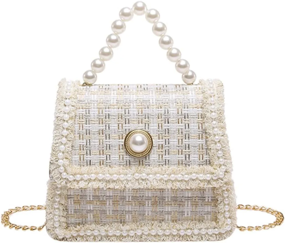 Small Tote Bag for Women Mini Square Handbag with Pearl Handle Elegant Ladies Crossbody Purse