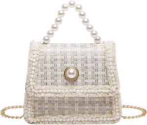 Small Tote Bag for Women Mini Square Handbag with Pearl Handle Elegant Ladies Crossbody Purse