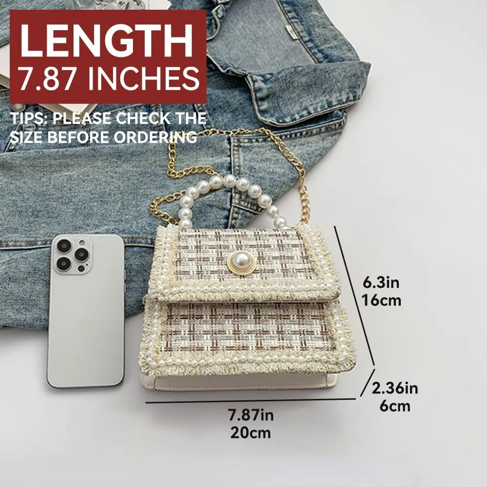 Small Tote Bag for Women Mini Square Handbag with Pearl Handle Elegant Ladies Crossbody Purse