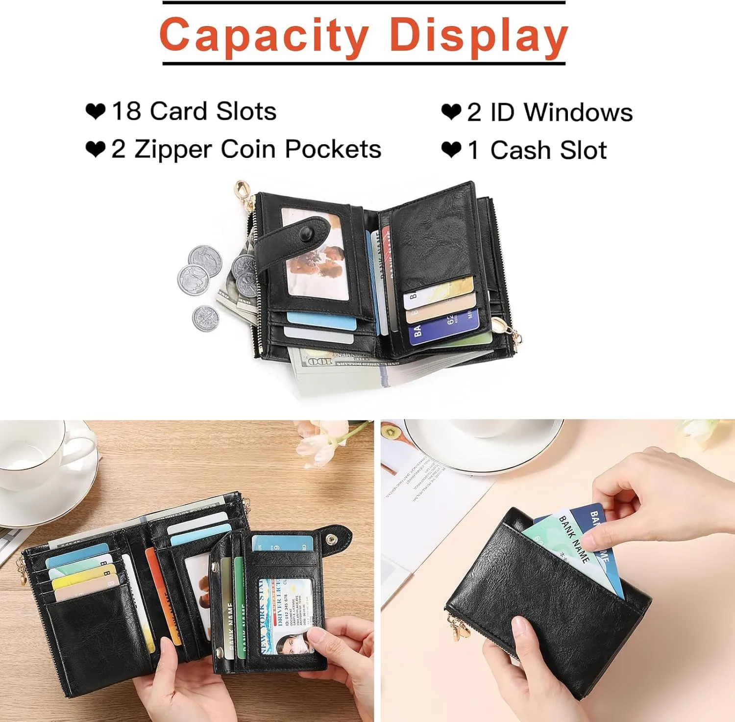 Small Wallets for Women Leather RFID Blocking Bifold Double Zipper Pockets Wallet Card Case Purse with 2 ID Windows