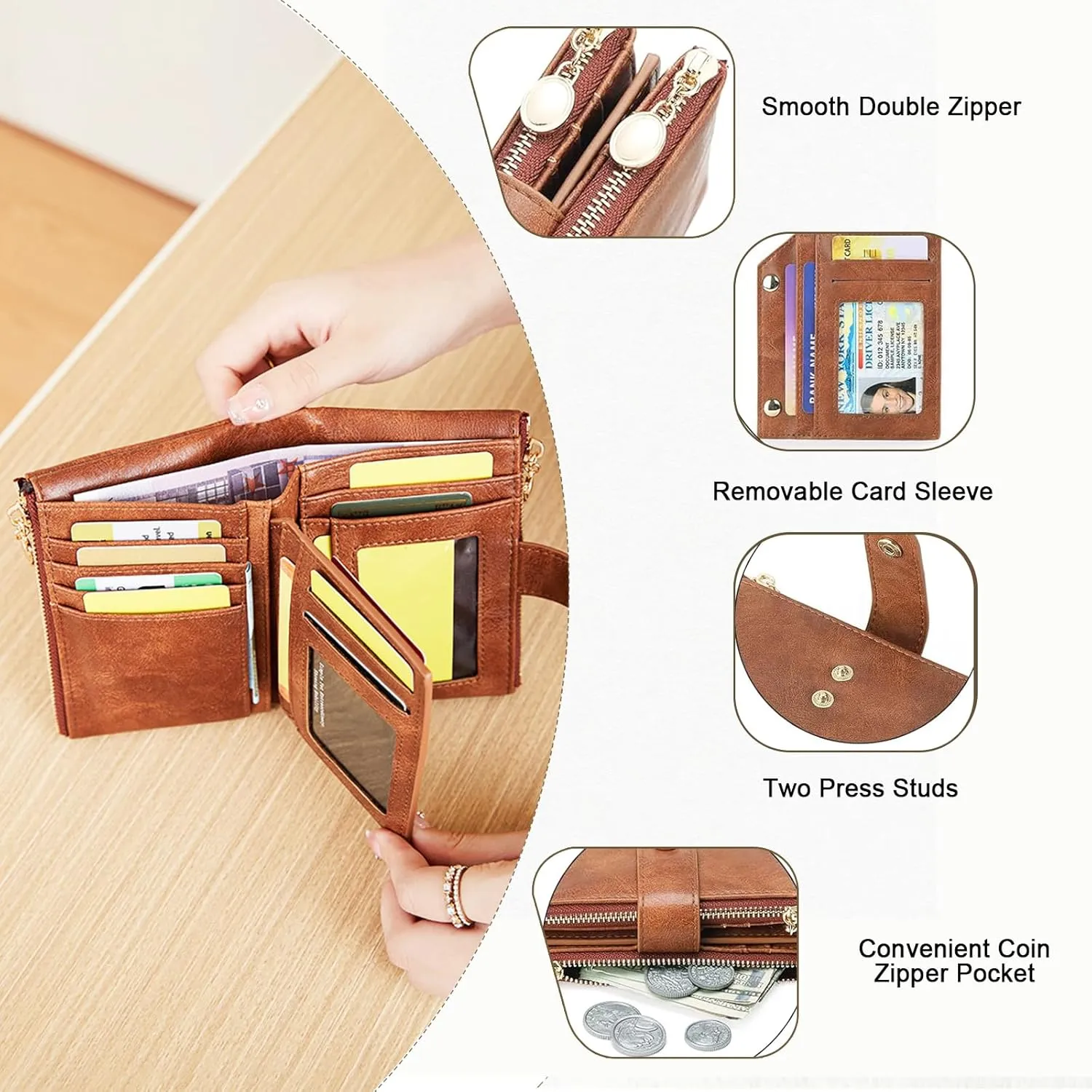 Small Wallets for Women Leather RFID Blocking Bifold Double Zipper Pockets Wallet Card Case Purse with 2 ID Windows