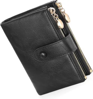 Small Wallets for Women Leather RFID Blocking Bifold Double Zipper Pockets Wallet Card Case Purse with 2 ID Windows