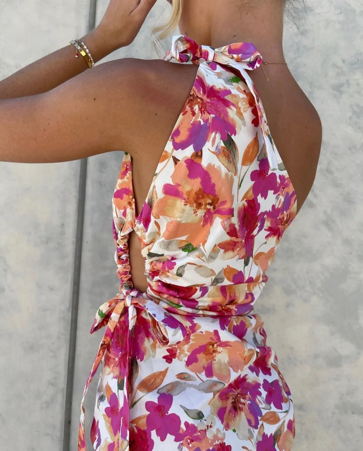 Sofia The Label - Stella Asymmetric Ruched Mini Dress in Pink Peach Floral