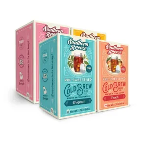 Southern Breeze Cold Brew Sweet Tea Variety Pack Iced Tea with Black Tea and Zero Carbs Zero Sugar, 20 Individually Wrapped Tea Bags, Pack of 4 Original, Raspberry, Peach, and Half & Half