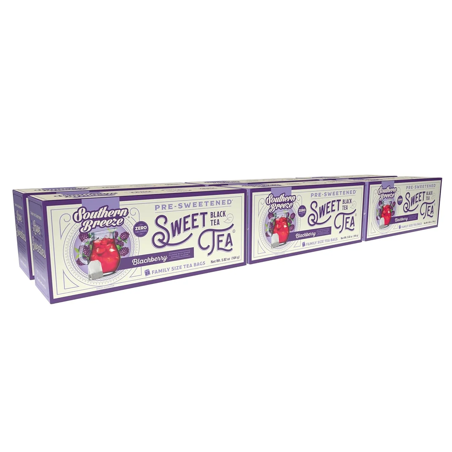 Southern Breeze Hot Brew Sweet Tea Blackberry Iced Tea with Black Tea and Zero Carbs Zero Sugar, 22 Individually Wrapped Family Size Tea Bags, Pack of 6