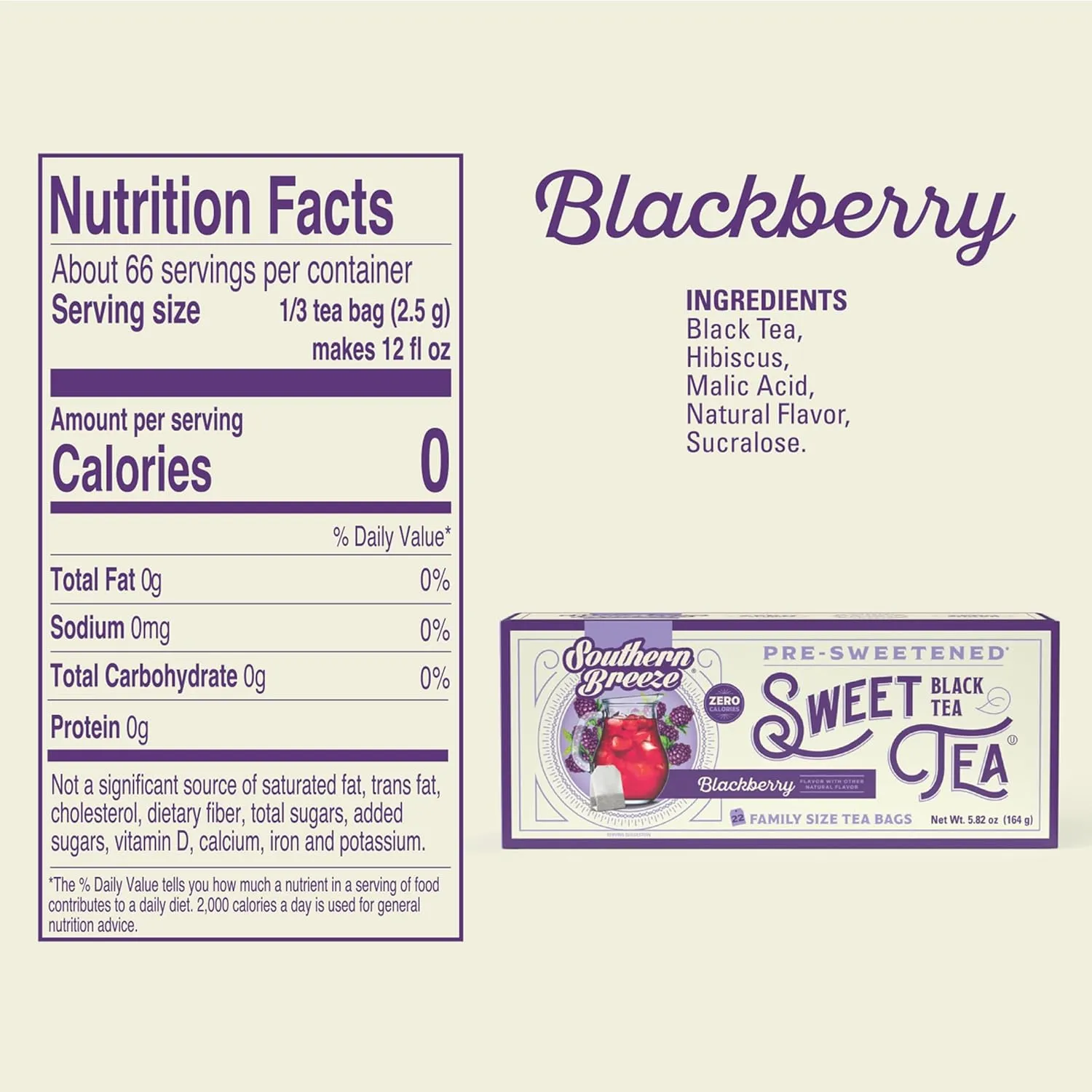Southern Breeze Hot Brew Sweet Tea Blackberry Iced Tea with Black Tea and Zero Carbs Zero Sugar, 22 Individually Wrapped Family Size Tea Bags, Pack of 6