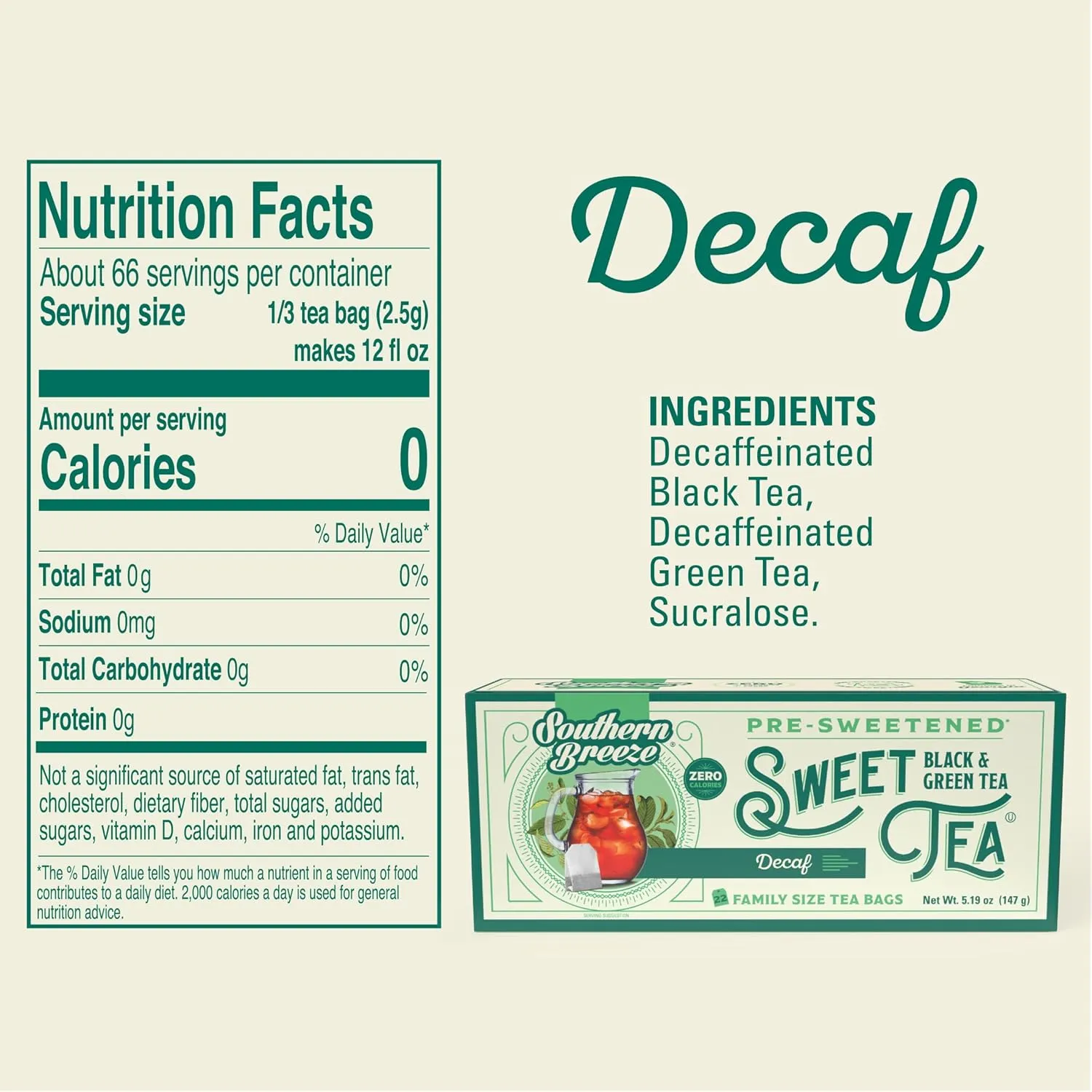 Southern Breeze Hot Brew Sweet Tea Decaf Iced Tea with Black Tea and Zero Carbs Zero Sugar, 22 Individually Wrapped Family Size Tea Bags, Pack of 6