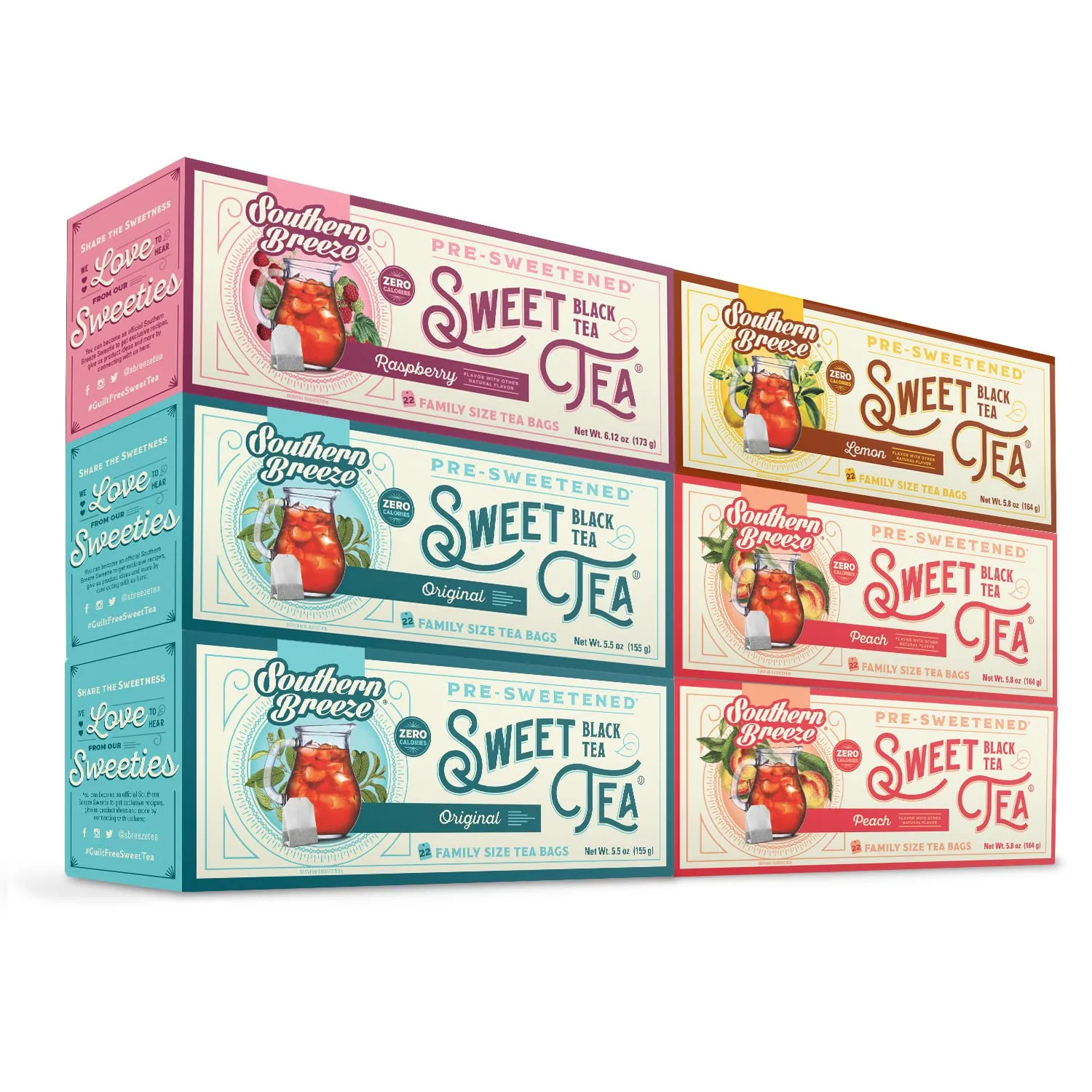 Southern Breeze Hot Brew Sweet Tea Variety Pack Iced Tea with Black Tea and Zero Carbs Zero Sugar, 22 Individually Wrapped Family Size Tea Bags, Pack of 6 Original, Peach, Raspberry and Lemon