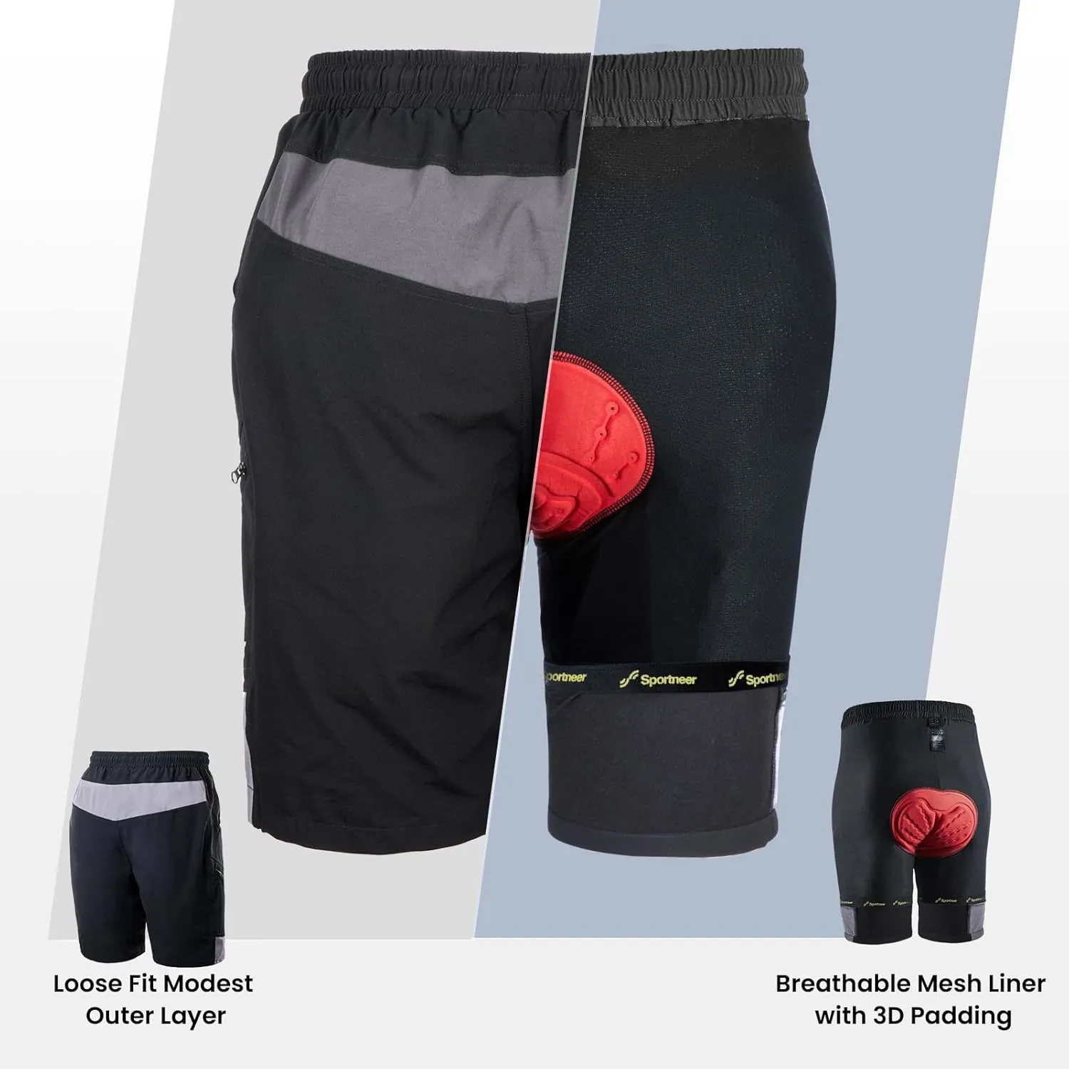 Sportneer Bike Shorts for Men: 3D Padded Lightweight Riding Biking Cycling Mountain Bike Shorts for Men with Zipper Pockets