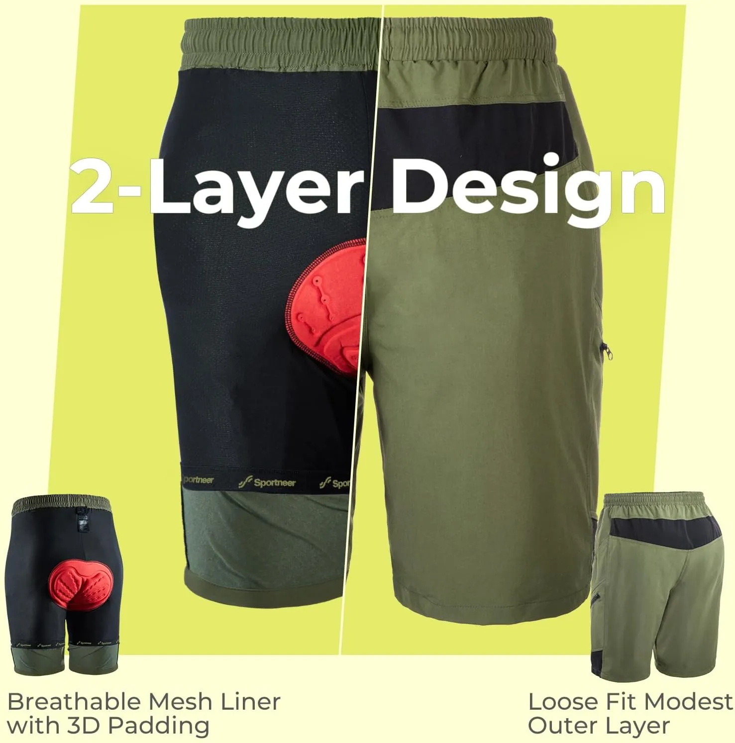 Sportneer Bike Shorts for Men: 3D Padded Lightweight Riding Biking Cycling Mountain Bike Shorts for Men with Zipper Pockets