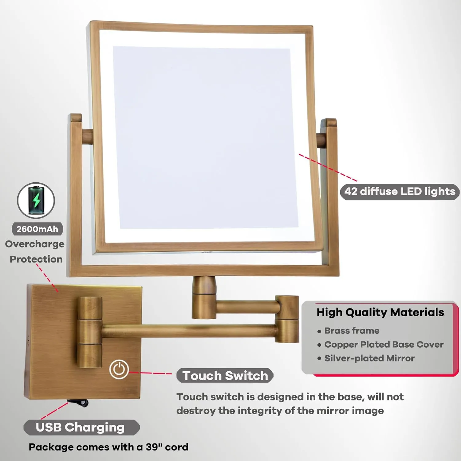 Square Wall Mounted Makeup Mirror with Light and Magnification, Double-Sided Bathroom Vanity Mirror for Wall, 360 Swivel Extend Retractable Shaving Mirror, Antique Brass, USB Charging