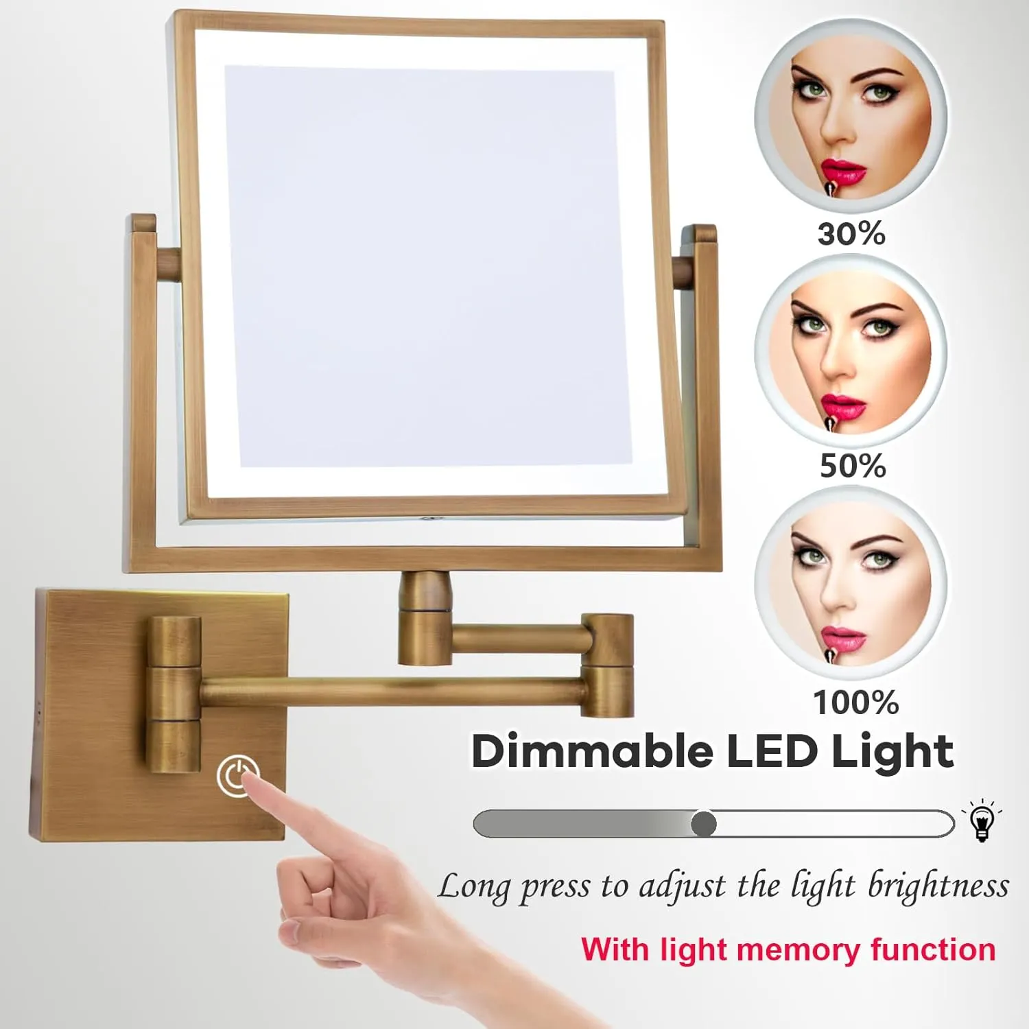 Square Wall Mounted Makeup Mirror with Light and Magnification, Double-Sided Bathroom Vanity Mirror for Wall, 360 Swivel Extend Retractable Shaving Mirror, Antique Brass, USB Charging