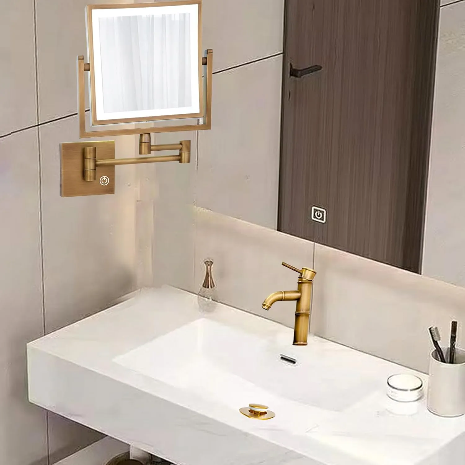 Square Wall Mounted Makeup Mirror with Light and Magnification, Double-Sided Bathroom Vanity Mirror for Wall, 360 Swivel Extend Retractable Shaving Mirror, Antique Brass, USB Charging