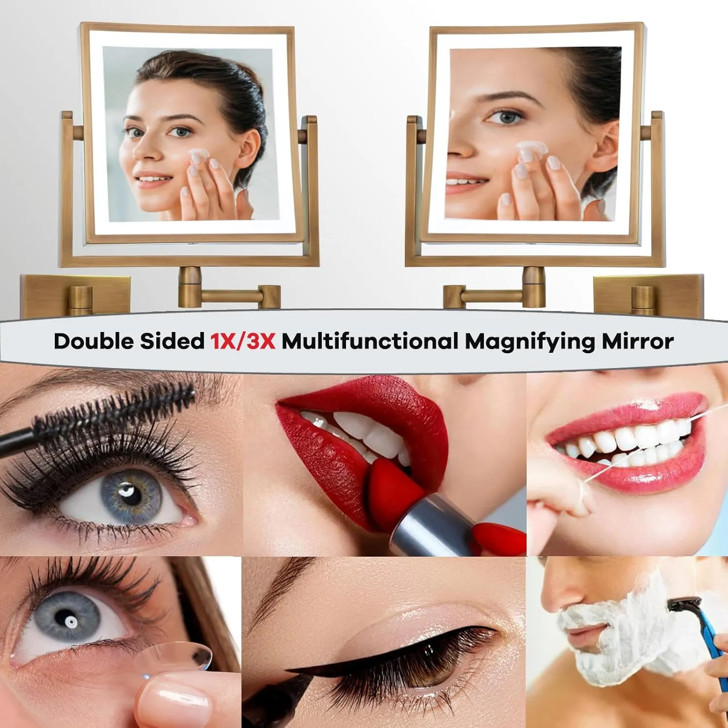 Square Wall Mounted Makeup Mirror with Light and Magnification, Double-Sided Bathroom Vanity Mirror for Wall, 360 Swivel Extend Retractable Shaving Mirror, Antique Brass, USB Charging