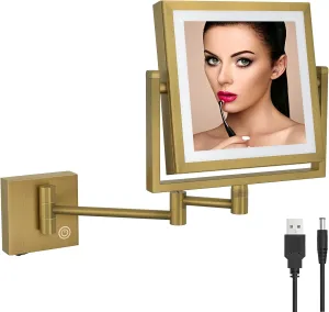Square Wall Mounted Makeup Mirror with Light and Magnification, Double-Sided Bathroom Vanity Mirror for Wall, 360 Swivel Extend Retractable Shaving Mirror, Antique Brass, USB Charging