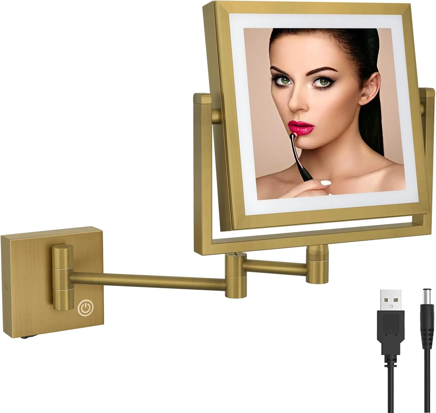 Square Wall Mounted Makeup Mirror with Light and Magnification, Double-Sided Bathroom Vanity Mirror for Wall, 360 Swivel Extend Retractable Shaving Mirror, Antique Brass, USB Charging