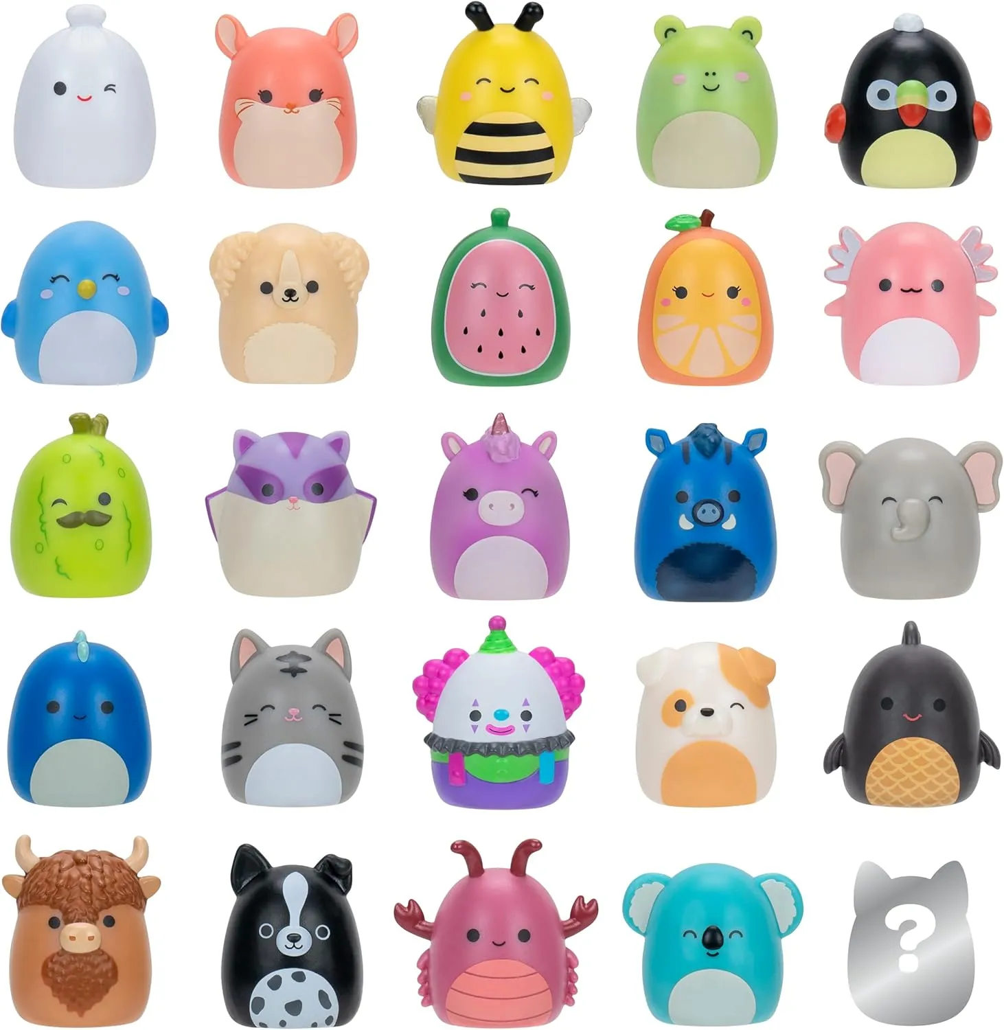 Squish-a-longs 25 Pack - Series 1 - (25) 1” Mini-Squish with 5 Accessories, Ring, and Collector’s Guide - Collect, Trade, & Play