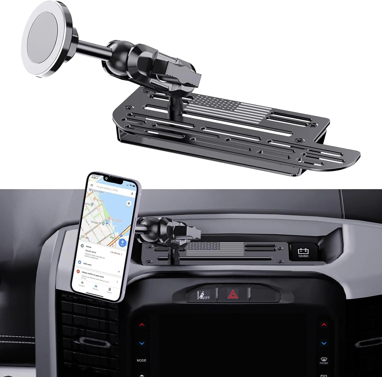Stainless Steel Phone Mount for 2019  Ram 1500/2500/3500/TRX, Magnetic & Clamp Dual Heads, All-Metal Shakeproof Unique America Flag Design OEM Screw Hole Dash Mount Install Super Stable