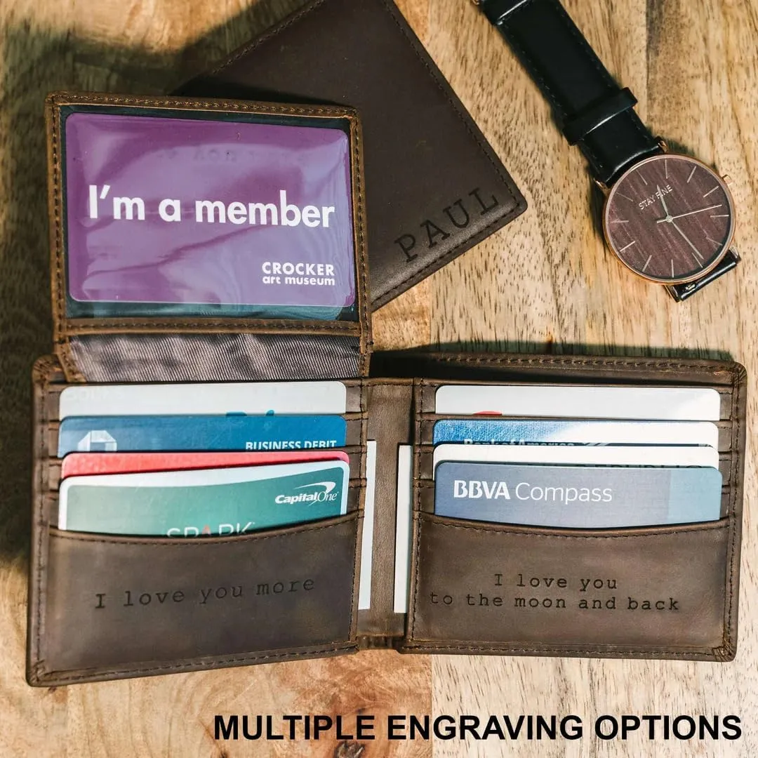 STAY FINE Personalized Wallet for Men, Custom Engraved Leather RFID Blocking Bifold, 2 ID Windows, 8 Card Slots, Gift for Him, Brown