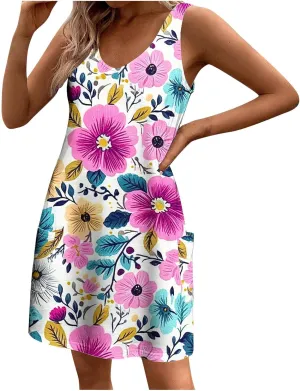 Stessotudo Sundress for Women Sleeveless Floral Print Midi Dress Boho Summer Dresses Flowy Beach Vacation Resort Wear