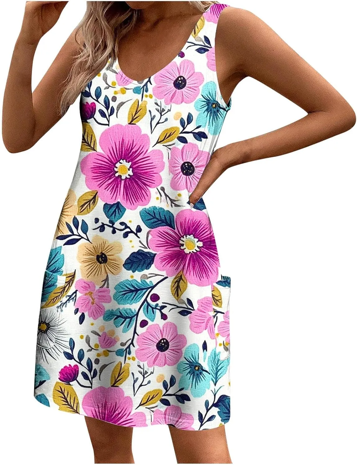 Stessotudo Sundress for Women Sleeveless Floral Print Midi Dress Boho Summer Dresses Flowy Beach Vacation Resort Wear
