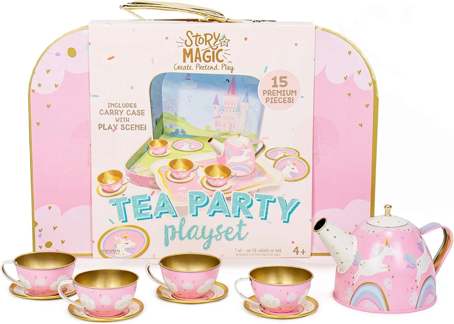 Story Magic Tea Party Playset by Horizon Group USA,Unicorn Tea Set,Pretend Play Activity,On The Go Play,Unicorn Storage Carry Case,Includes Tea Pot,Tea Cups,Plates & Saucers, Perfect for Ages 4 