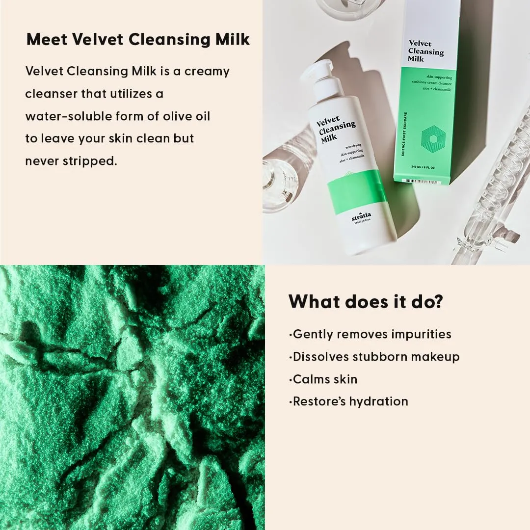 Stratia Velvet Cleansing Milk - Gentle Cream Face Cleanser, Moisturizing & Non-Foaming with Chamomile, Olive Oil & Aloe Vera, 16 Fl Oz