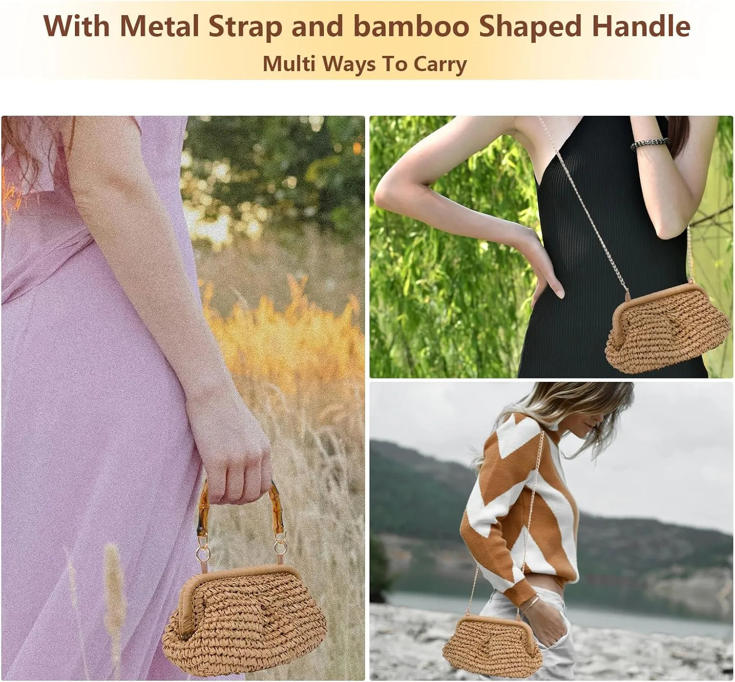 Straw Clutch Purse for Women 2024 Straw Woven Handbags with Bamboo Shaped Handle Summer Beach Dumpling Bag Crossbody Pouch