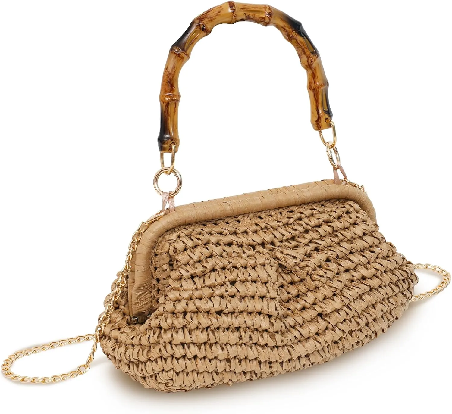 Straw Clutch Purse for Women 2024 Straw Woven Handbags with Bamboo Shaped Handle Summer Beach Dumpling Bag Crossbody Pouch